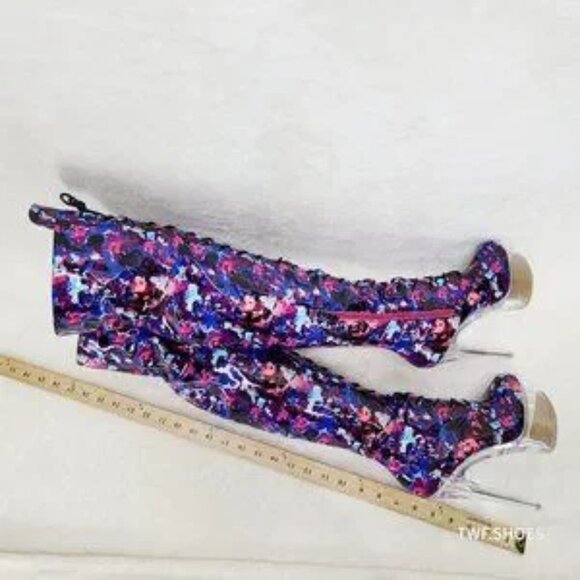 Bulls Multi Color Print Patent OTK Clear Platform High Heel Thigh Boot - Picture 5 of 7